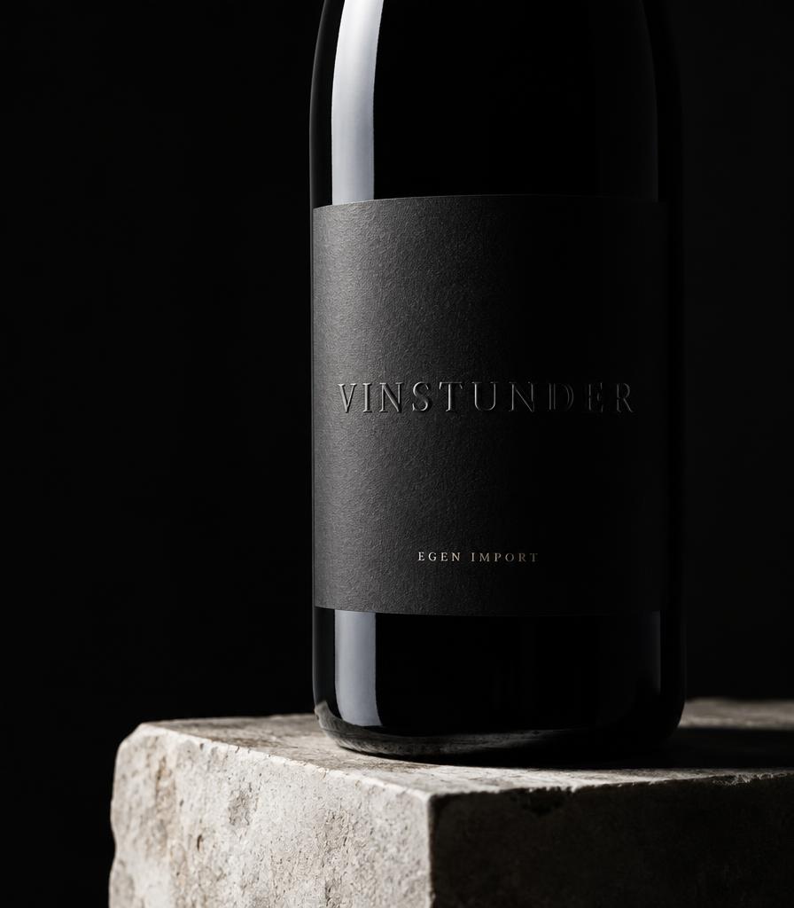 Vinstunder-flaske med sort etiket, egen import